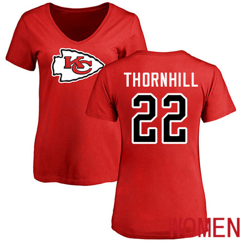 Women Football Kansas City Chiefs #22 Thornhill Juan Red Name and Number Logo Slim Fit T-Shirt->nfl t-shirts->Sports Accessory